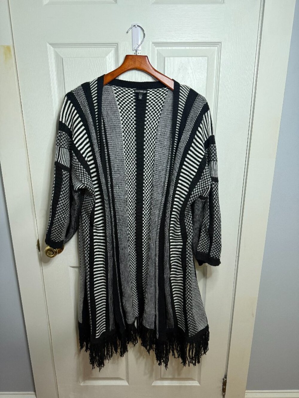 Express Black White Geometric Fringe Cardigan Sweater Coat One Size